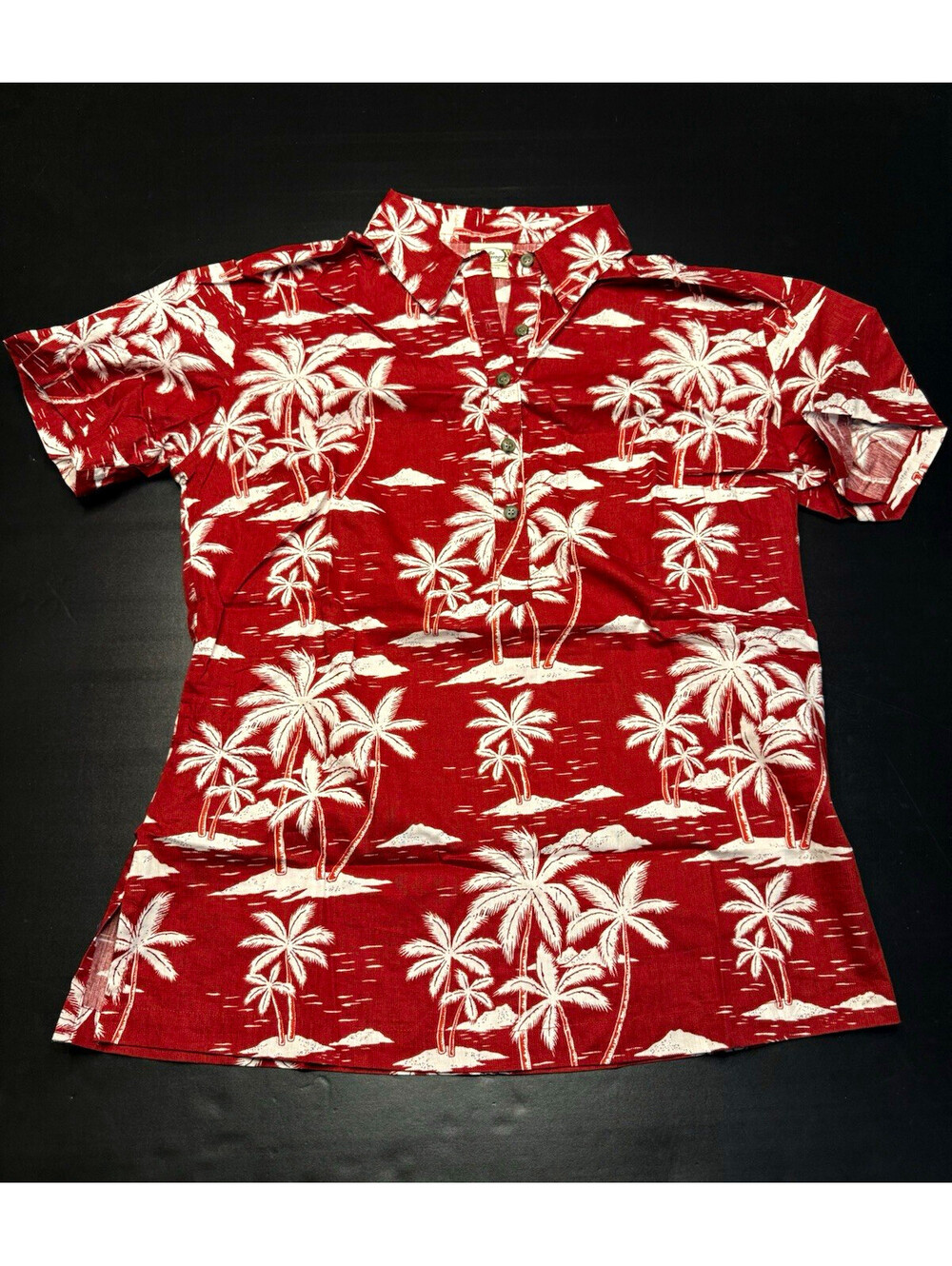 Go Barefoot Women's L Cotton Button-Up Hawaiian Palm Red White Trader Joe’s